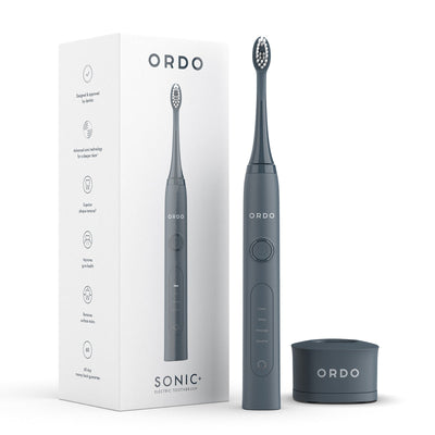 Ordo Charcoal Grey Sonic+ Toothbrush with packaging and Sonic+ Charging Base